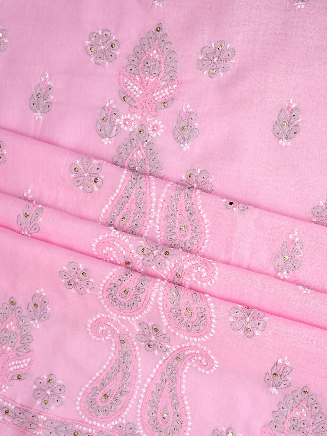 Ada Hand Embroidered Pink Cotton Lucknowi Chikankari Unstitched Suit Piece With Mukaish / Muqaish Work 01A622156