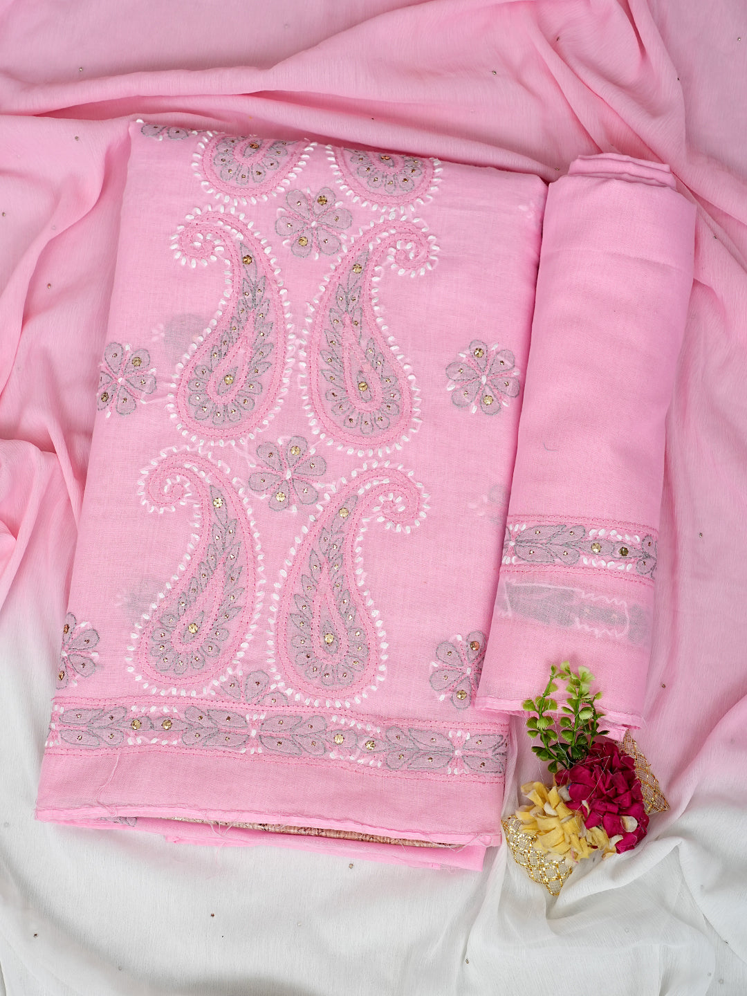Ada Hand Embroidered Pink Cotton Lucknowi Chikankari Unstitched Suit Piece With Mukaish / Muqaish Work 01A622156