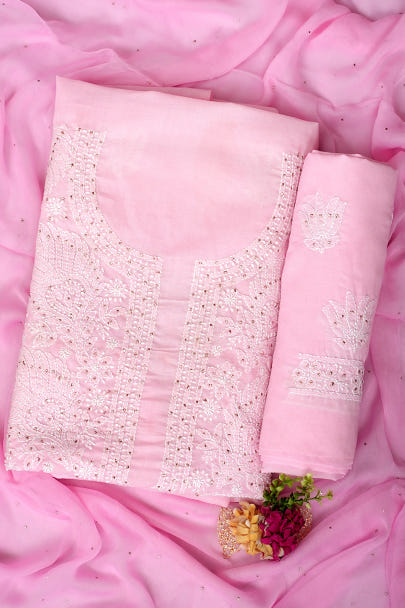 Ada Hand Embroidered Pink Cotton Lucknowi Chikankari Unstitched Suit Piece With Muqish/Mukaish Work 01A741730