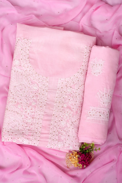 Ada Hand Embroidered Pink Cotton Lucknowi Chikankari Unstitched Suit Piece With Muqish/Mukaish Work 01A741730