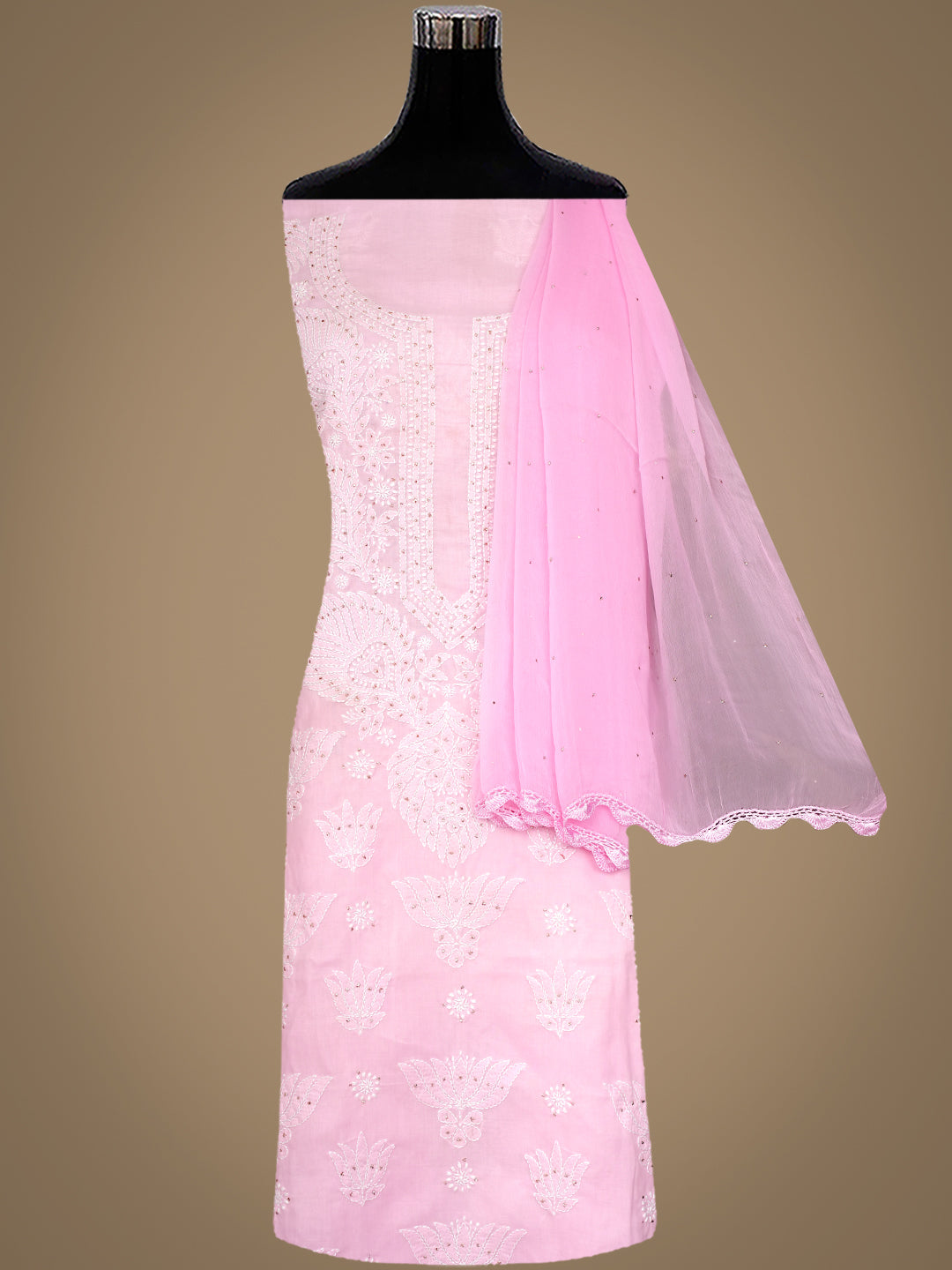 Ada Hand Embroidered Pink Cotton Lucknowi Chikankari Unstitched Suit Piece With Muqish/Mukaish Work 01A741730