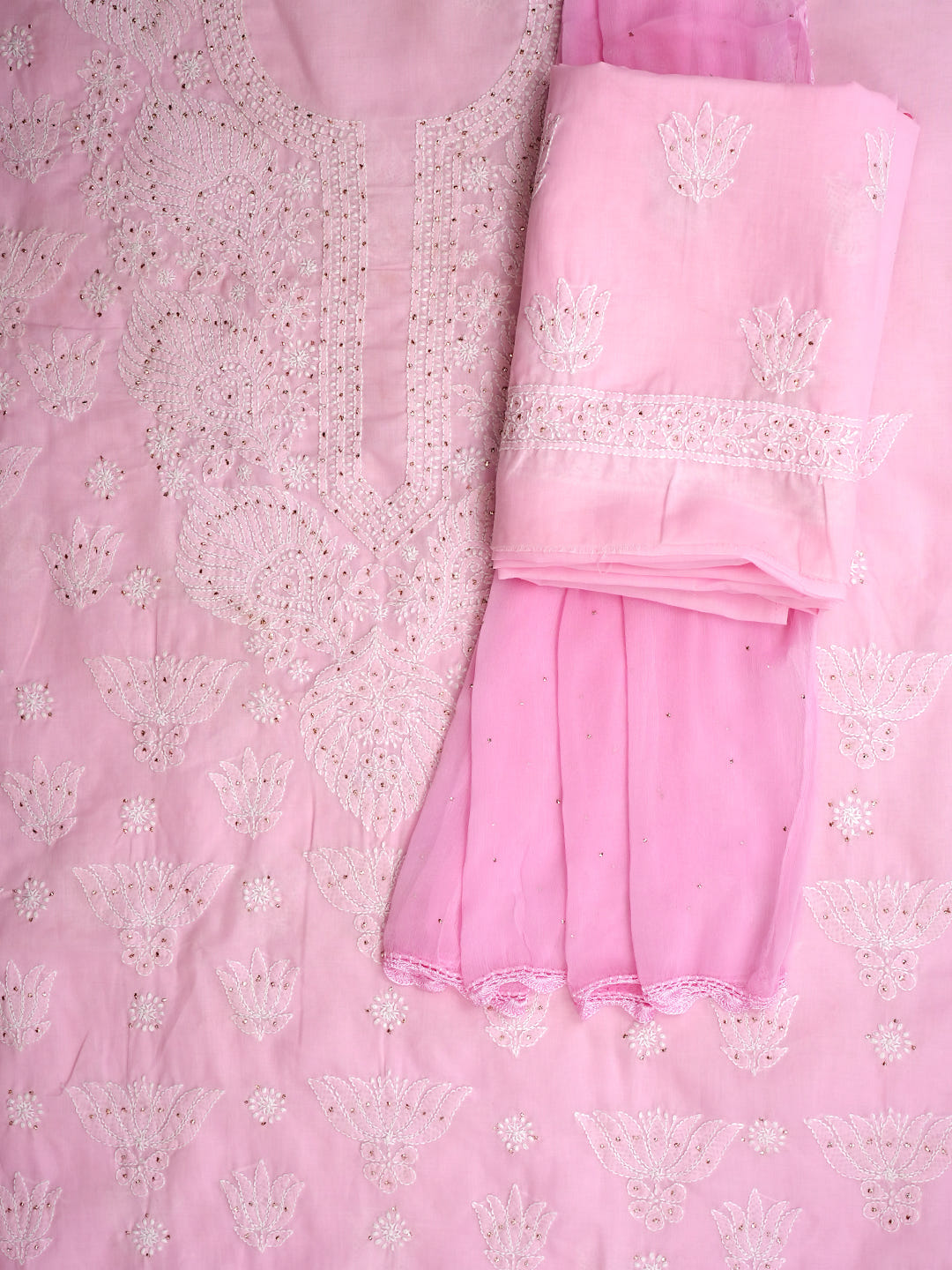 Ada Hand Embroidered Pink Cotton Lucknowi Chikankari Unstitched Suit Piece With Muqish/Mukaish Work 01A741730