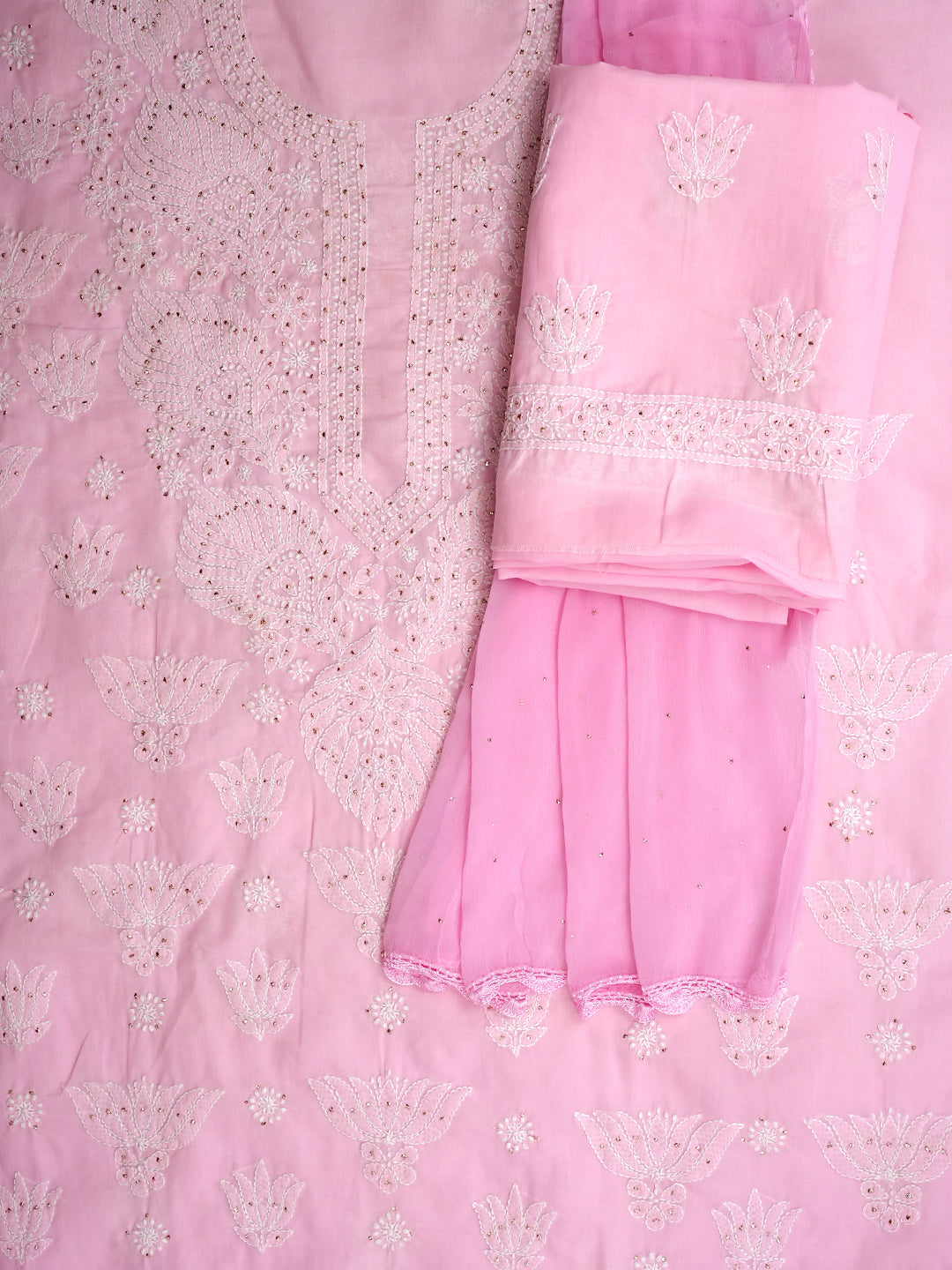 Ada Hand Embroidered Pink Cotton Lucknowi Chikankari Unstitched Suit Piece With Muqish/Mukaish Work 01A741730