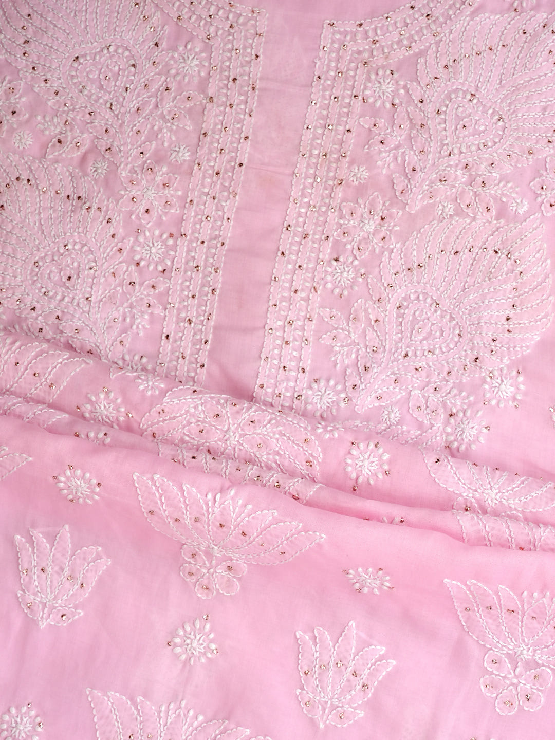 Ada Hand Embroidered Pink Cotton Lucknowi Chikankari Unstitched Suit Piece With Muqish/Mukaish Work 01A741730