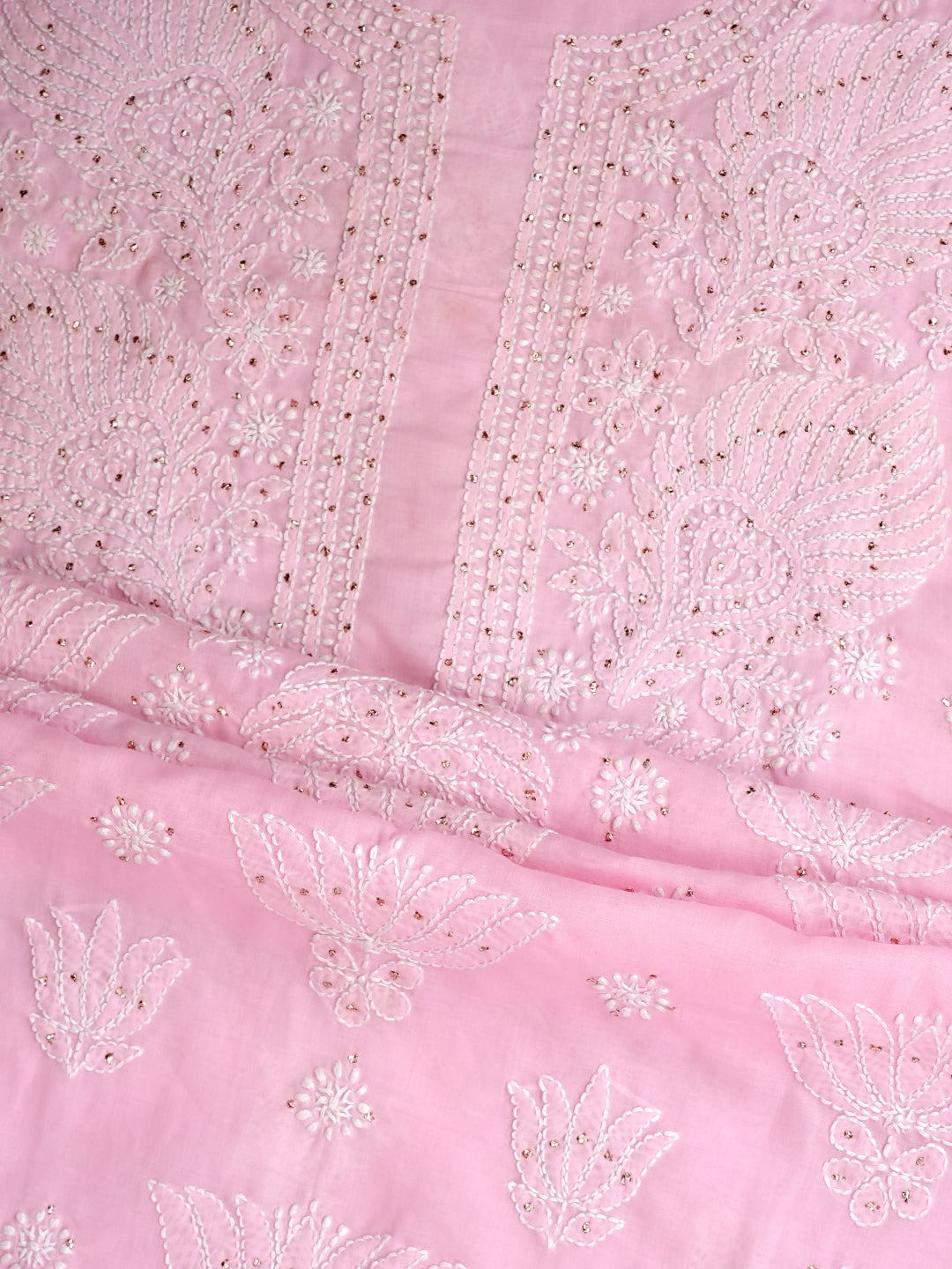 Ada Hand Embroidered Pink Cotton Lucknowi Chikankari Unstitched Suit Piece With Muqish/Mukaish Work 01A741730