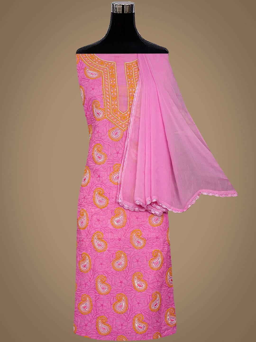 Ada Hand Embroidered Pink Cotton Lucknowi Chikankari Unstitched Suit Piece With Pearl Work 01A985589