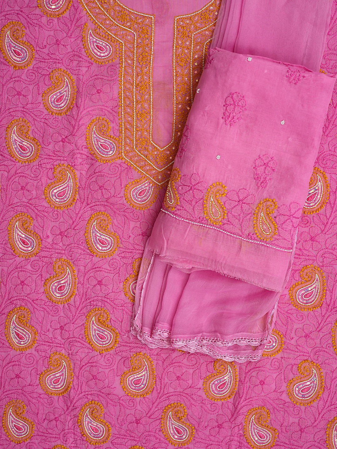 Ada Hand Embroidered Pink Cotton Lucknowi Chikankari Unstitched Suit Piece With Pearl Work 01A985589