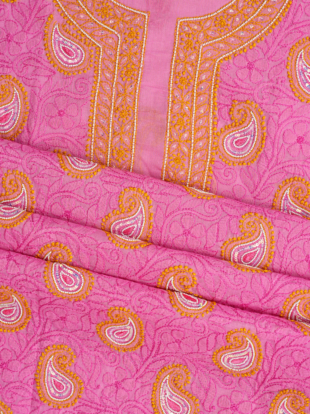 Ada Hand Embroidered Pink Cotton Lucknowi Chikankari Unstitched Suit Piece With Pearl Work 01A985589
