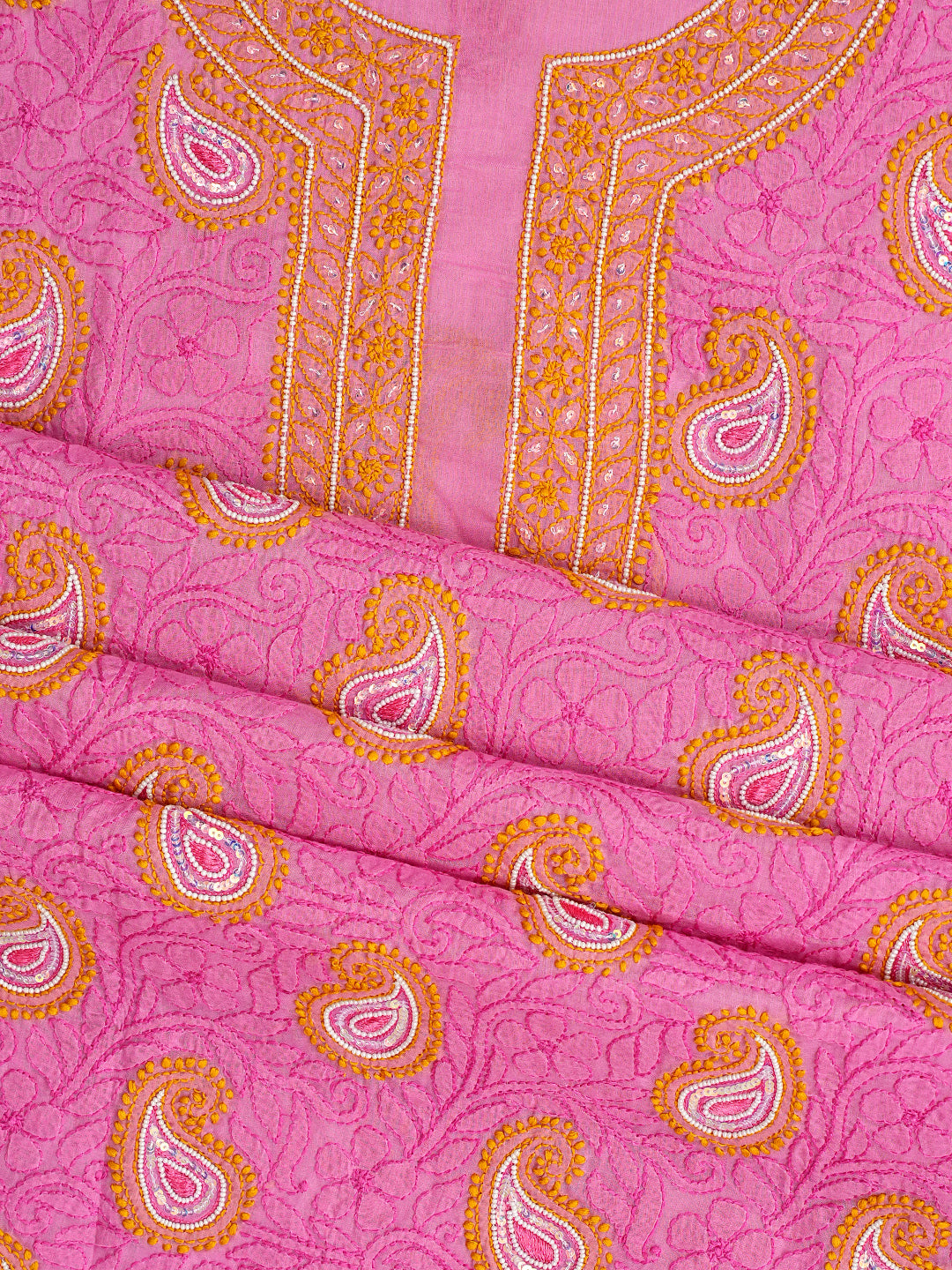 Ada Hand Embroidered Pink Cotton Lucknowi Chikankari Unstitched Suit Piece With Pearl Work 01A985589