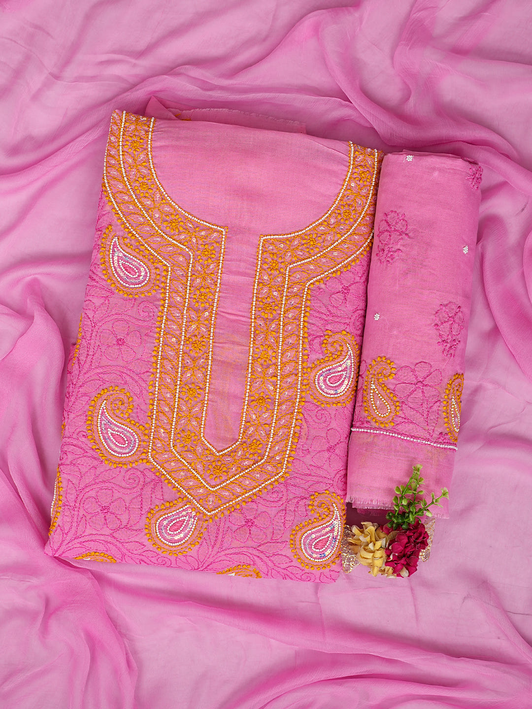 Ada Hand Embroidered Pink Cotton Lucknowi Chikankari Unstitched Suit Piece With Pearl Work 01A985589