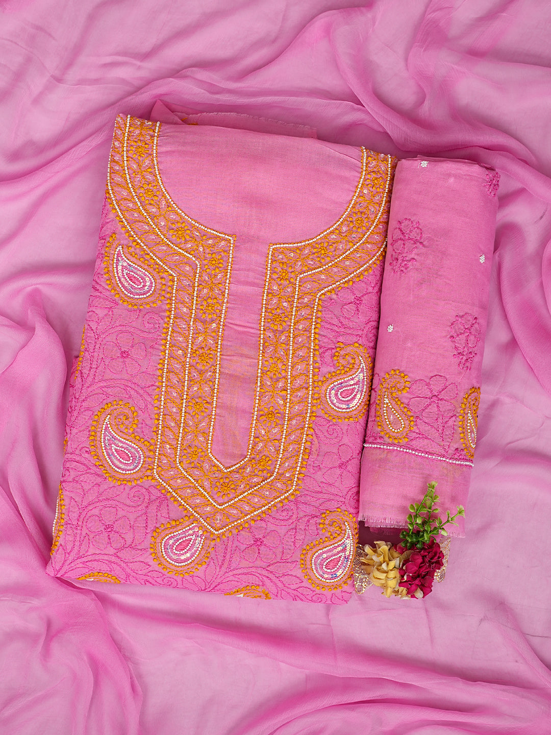 Ada Hand Embroidered Pink Cotton Lucknowi Chikankari Unstitched Suit Piece With Pearl Work 01A985589