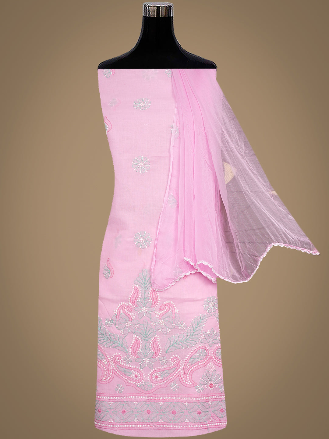 Ada Hand Embroidered Pink Cotton Lucknowi Chikankari Unstitched Suit Set With Chiffon Dupatta 01A879322