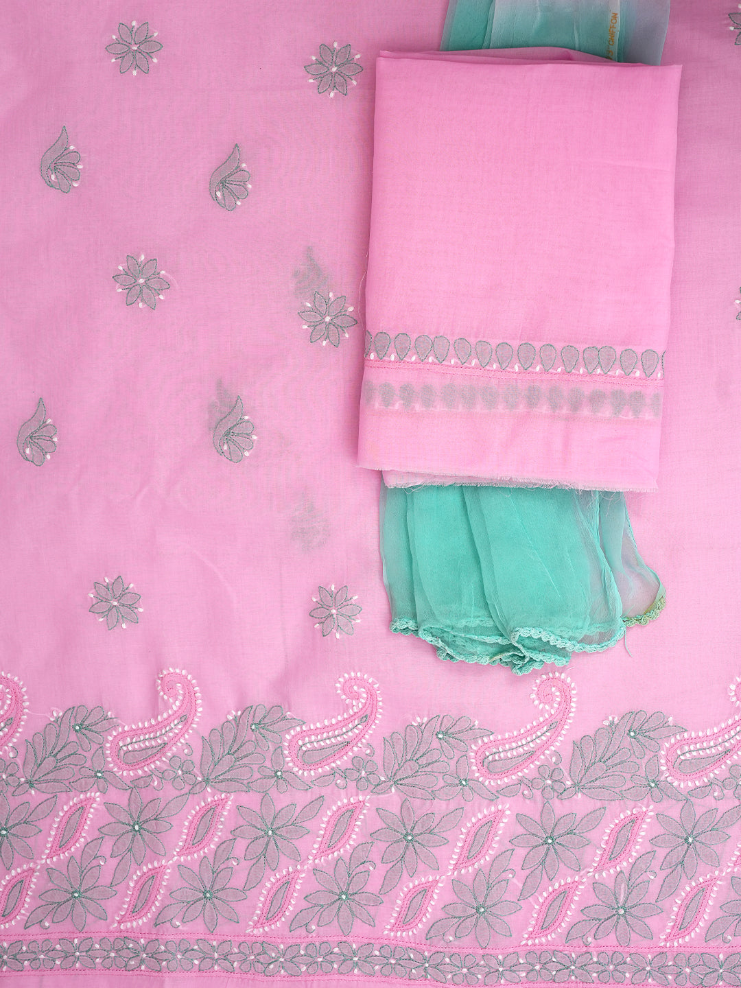 Ada Hand Embroidered Pink Cotton Lucknowi Chikankari Unstitched Suit Set With Chiffon Dupatta 01A879322