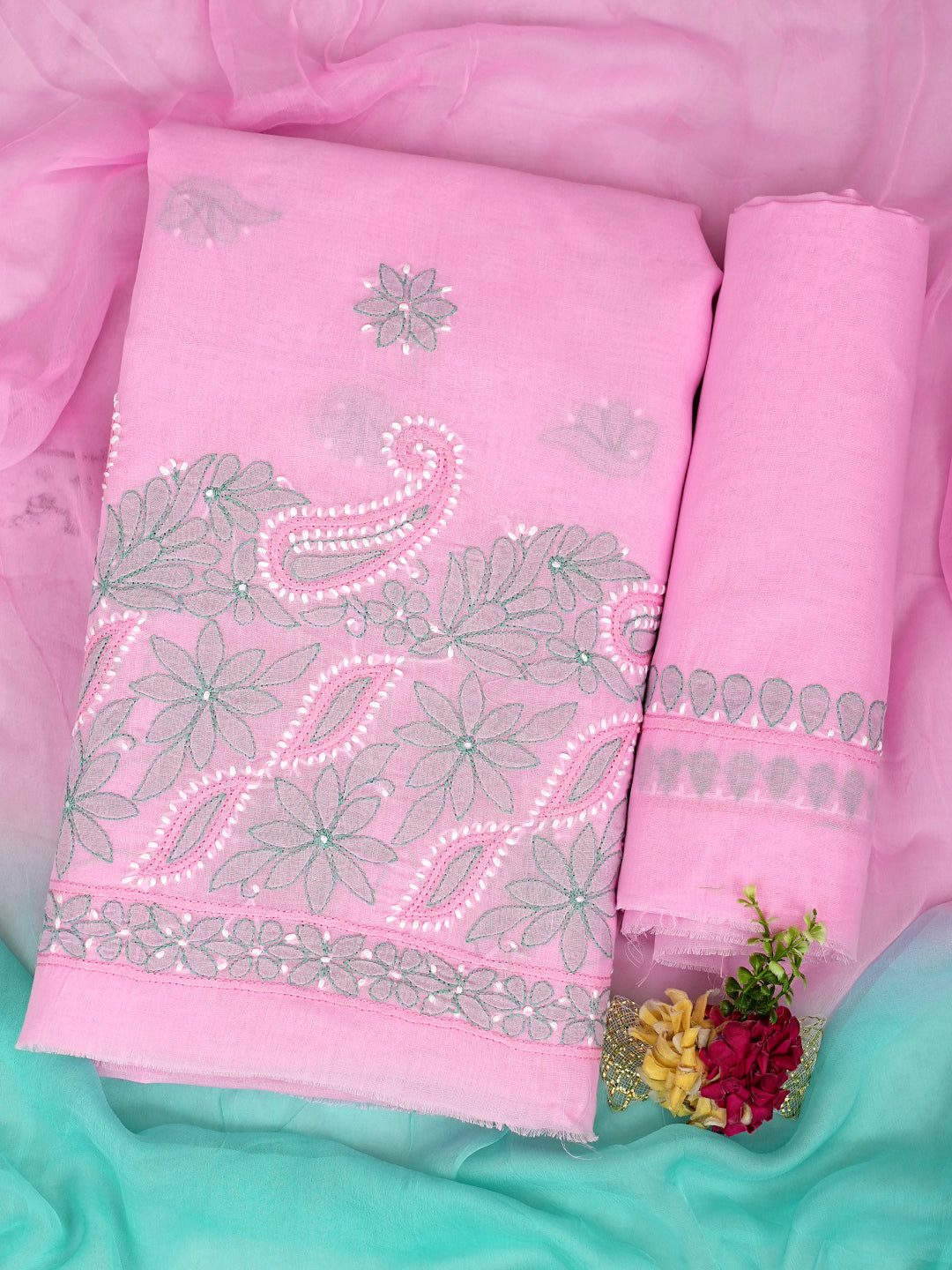 Ada Hand Embroidered Pink Cotton Lucknowi Chikankari Unstitched Suit Set With Chiffon Dupatta 01A879322