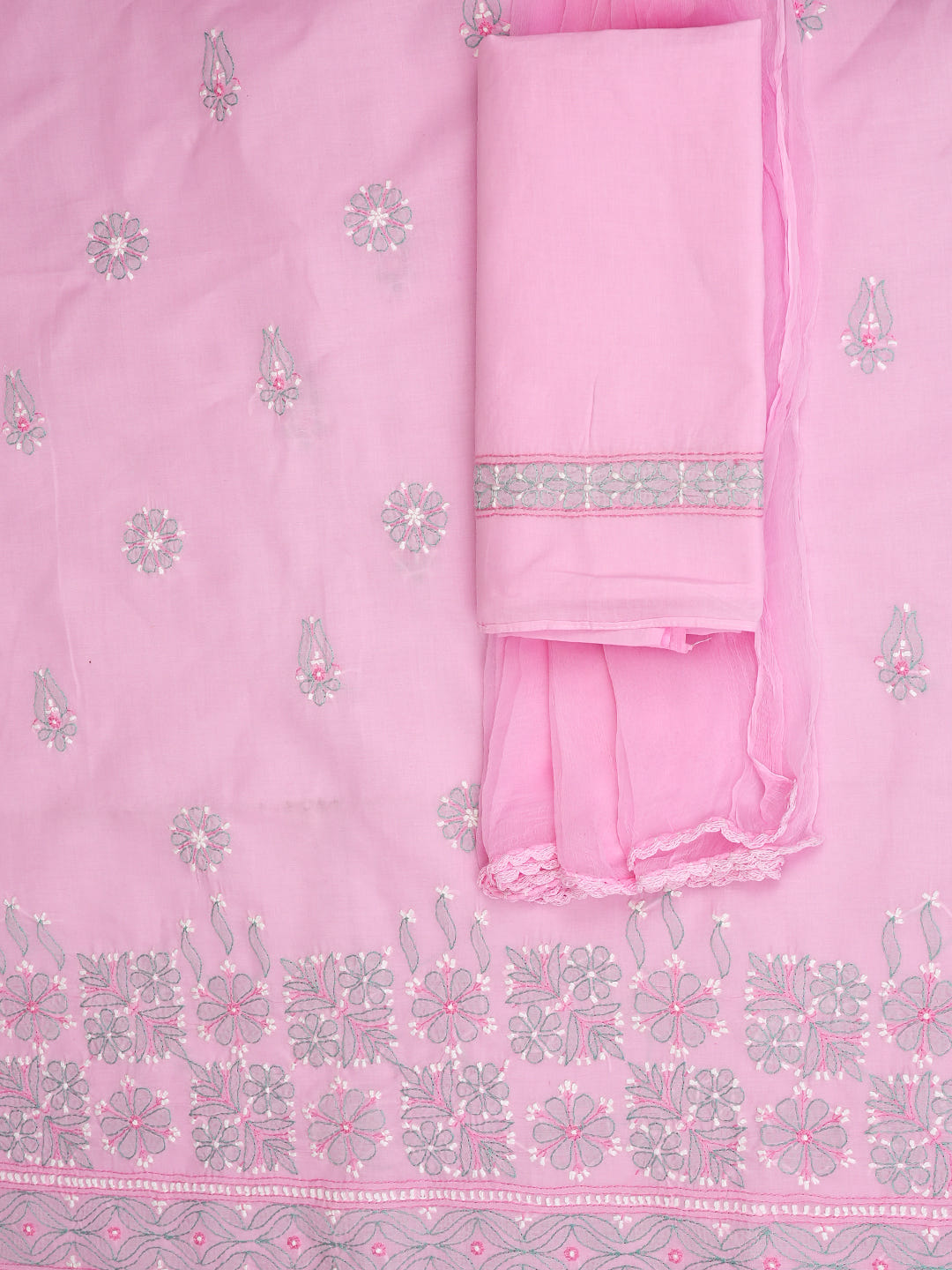 Ada Hand Embroidered Pink Cotton Lucknowi Chikankari Unstitched Suit Set With Chiffon Dupatta 01A882308