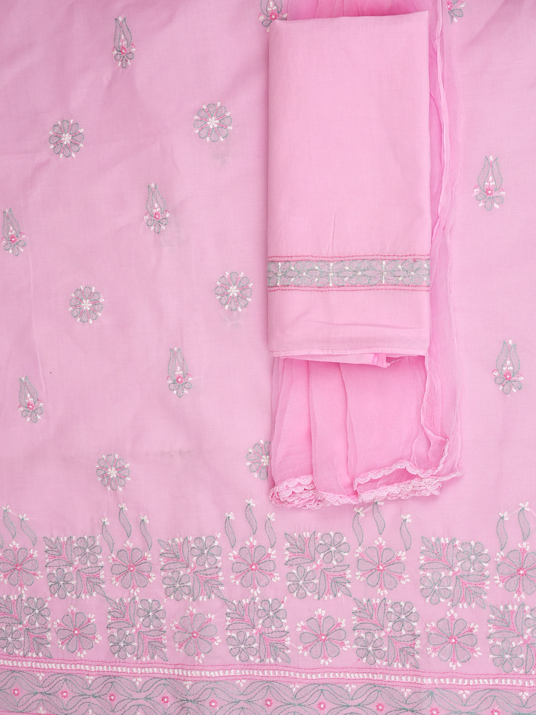 Ada Hand Embroidered Pink Cotton Lucknowi Chikankari Unstitched Suit Set With Chiffon Dupatta 01A882308