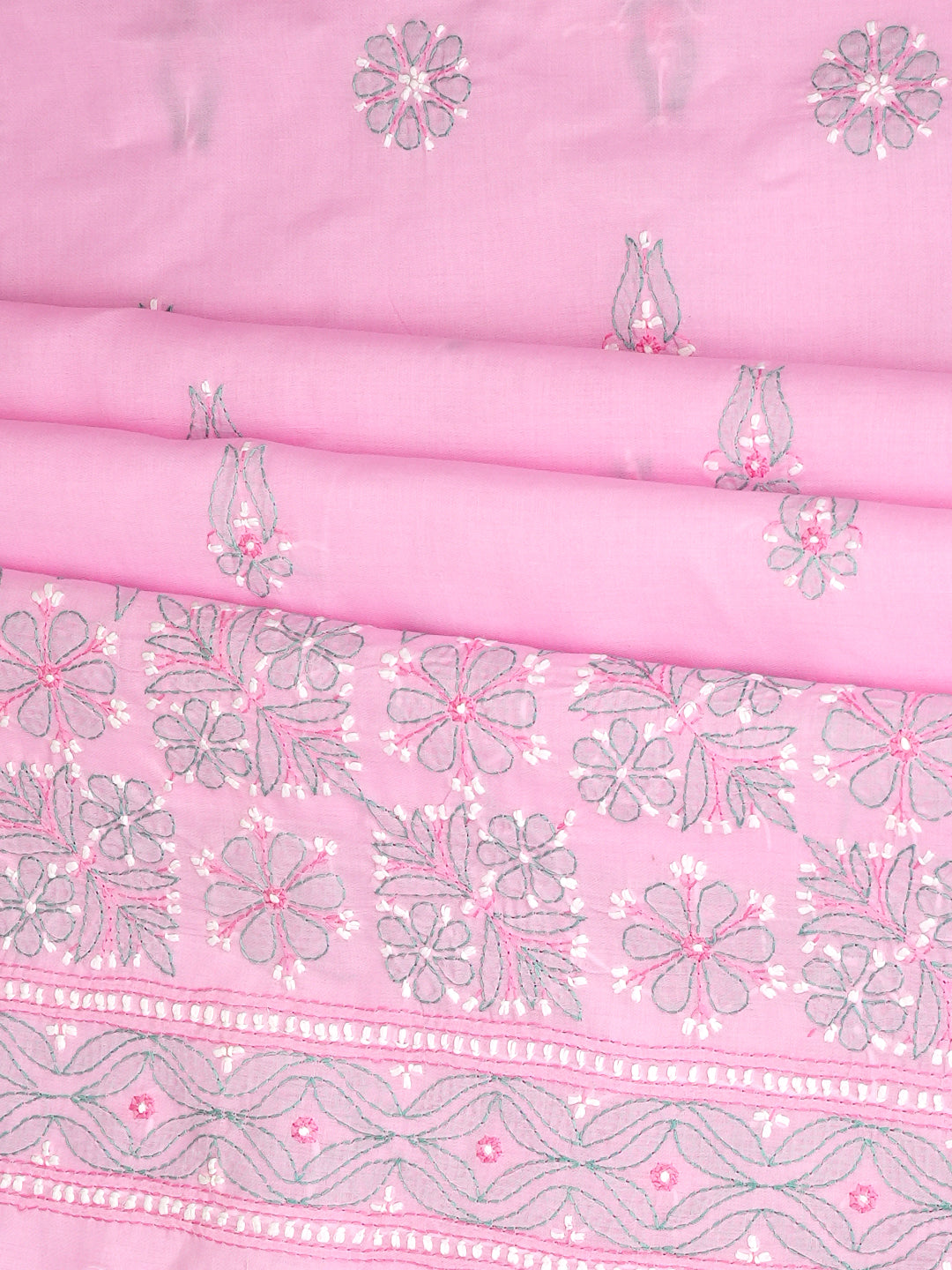 Ada Hand Embroidered Pink Cotton Lucknowi Chikankari Unstitched Suit Set With Chiffon Dupatta 01A882308