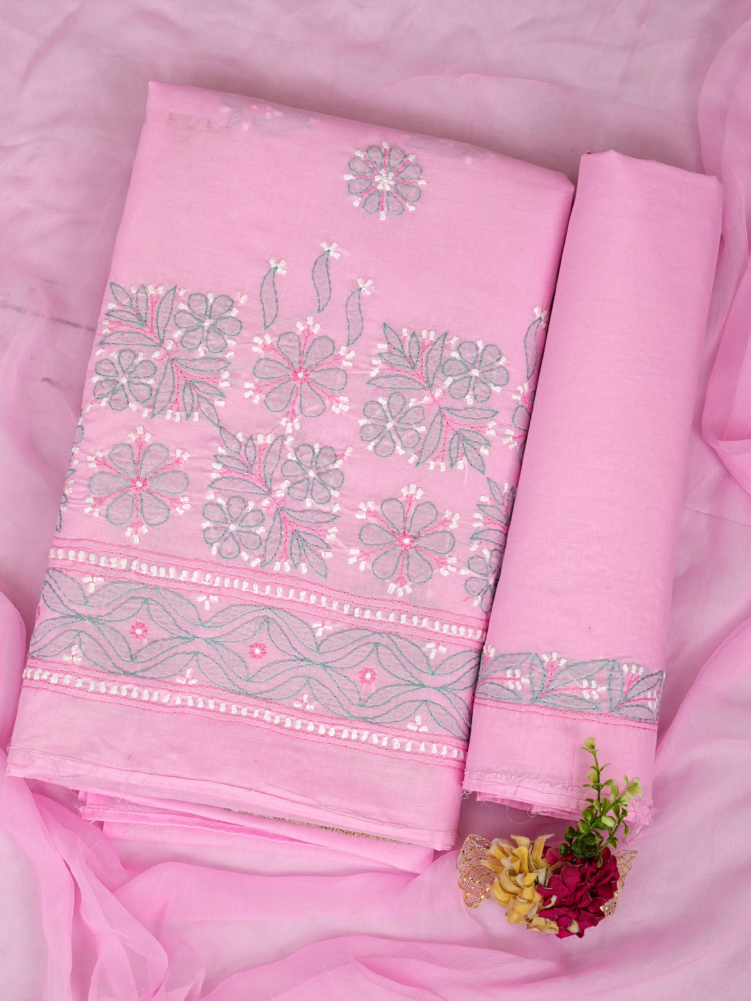 Ada Hand Embroidered Pink Cotton Lucknowi Chikankari Unstitched Suit Set With Chiffon Dupatta 01A882308