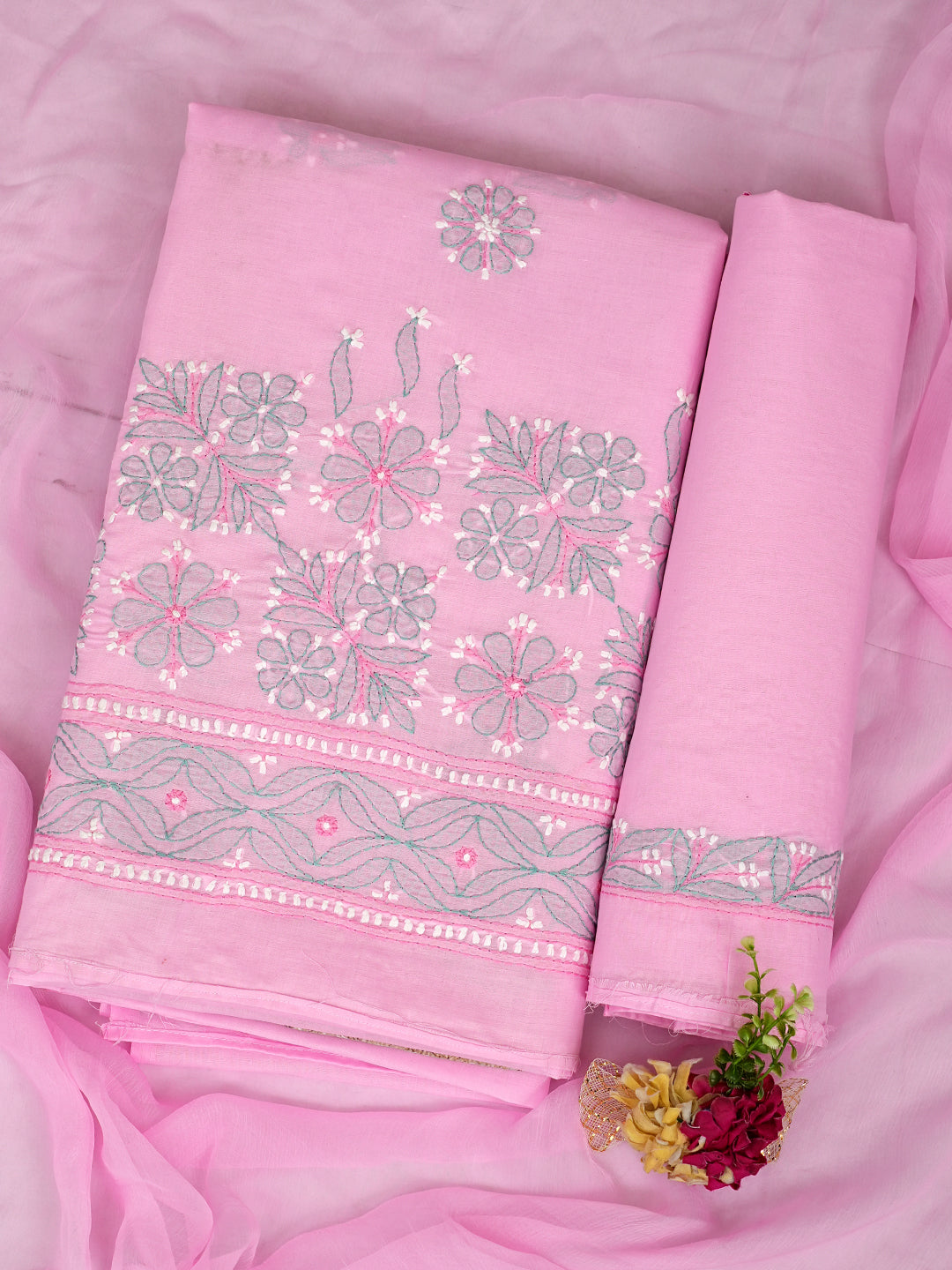 Ada Hand Embroidered Pink Cotton Lucknowi Chikankari Unstitched Suit Set With Chiffon Dupatta 01A882308