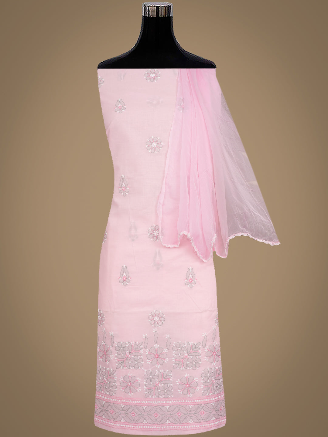 Ada Hand Embroidered Pink Cotton Lucknowi Chikankari Unstitched Suit Set With Chiffon Dupatta 01A882313