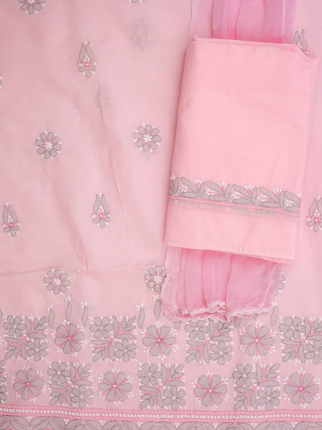 Ada Hand Embroidered Pink Cotton Lucknowi Chikankari Unstitched Suit Set With Chiffon Dupatta 01A882313
