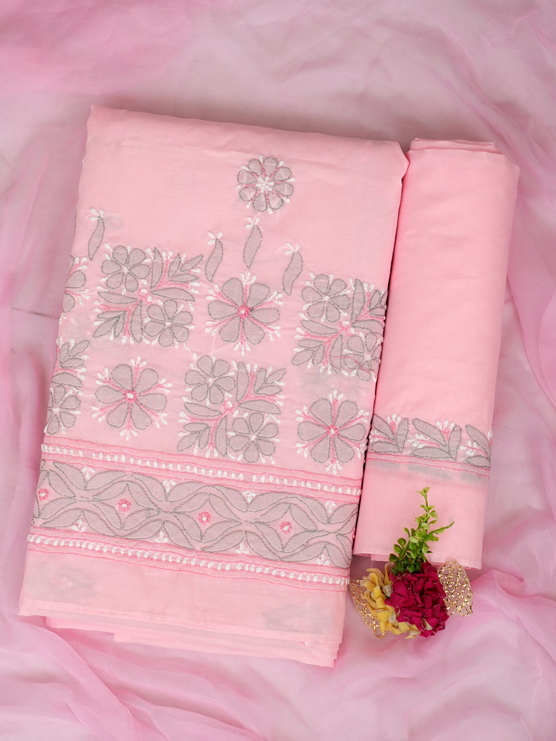 Ada Hand Embroidered Pink Cotton Lucknowi Chikankari Unstitched Suit Set With Chiffon Dupatta 01A882313
