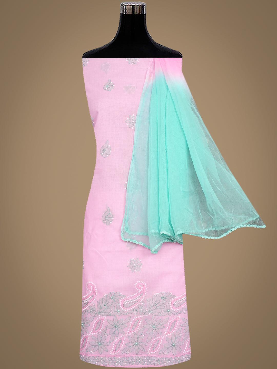 Ada Hand Embroidered Pink Cotton Lucknowi Chikankari Unstitched Suit Set With Chiffon Dupatta 01A886752