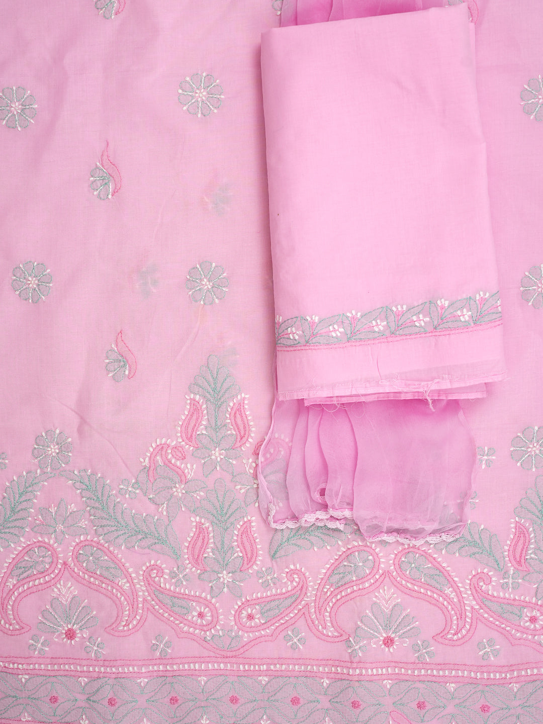 Ada Hand Embroidered Pink Cotton Lucknowi Chikankari Unstitched Suit Set With Chiffon Dupatta 01A886752