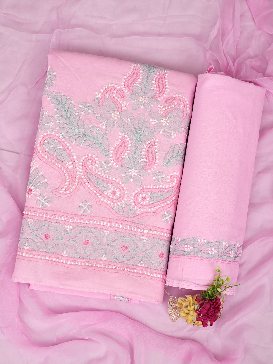 Ada Hand Embroidered Pink Cotton Lucknowi Chikankari Unstitched Suit Set With Chiffon Dupatta 01A886752