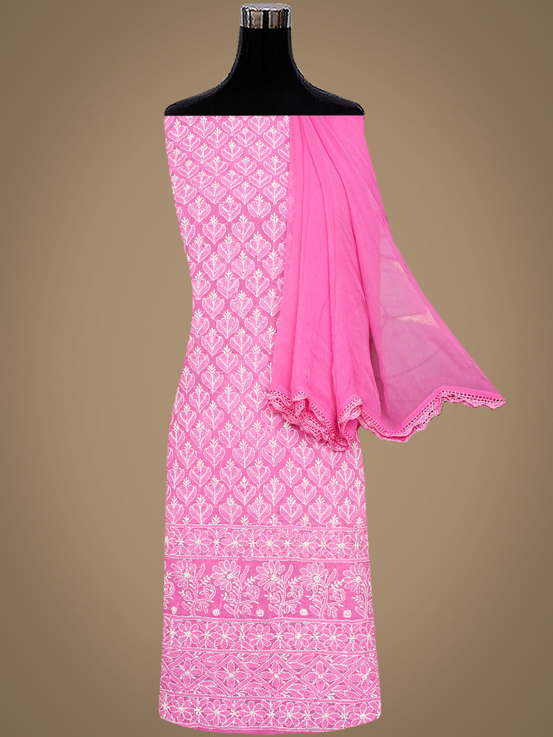 Ada Hand Embroidered Pink Cotton Lucknowi Chikankari Unstitched Suit Set With Chiffon Dupatta 01A972963