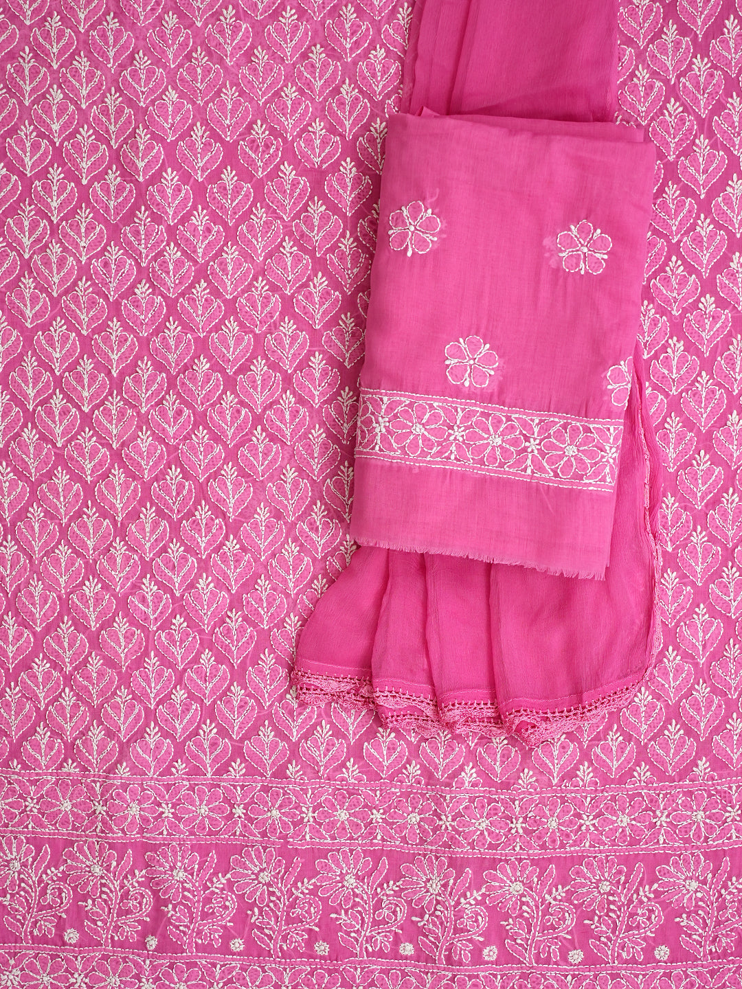 Ada Hand Embroidered Pink Cotton Lucknowi Chikankari Unstitched Suit Set With Chiffon Dupatta 01A972963