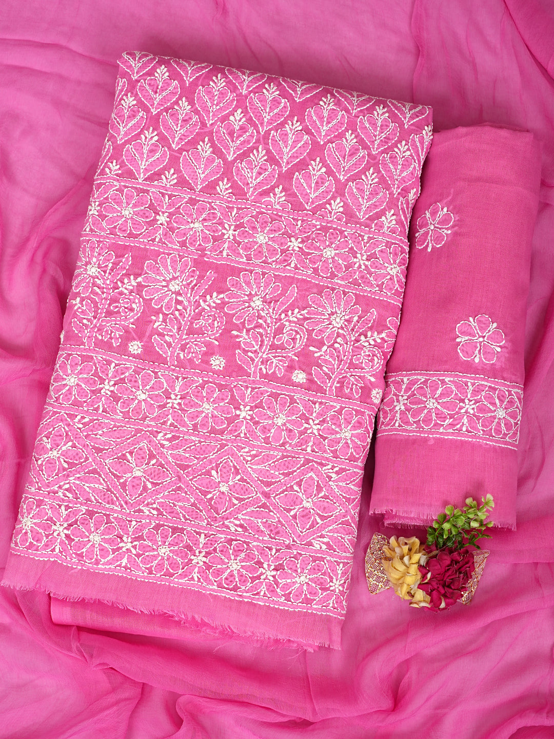 Ada Hand Embroidered Pink Cotton Lucknowi Chikankari Unstitched Suit Set With Chiffon Dupatta 01A972963