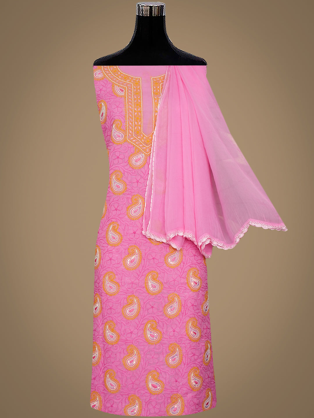 Ada Hand Embroidered Pink Cotton Lucknowi Chikankari Unstitched Suit Set With Pearl Work 01A985590