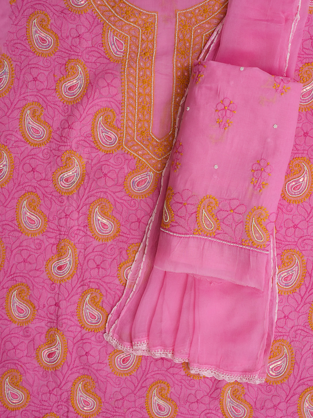 Ada Hand Embroidered Pink Cotton Lucknowi Chikankari Unstitched Suit Set With Chiffon Dupatta 01A985590