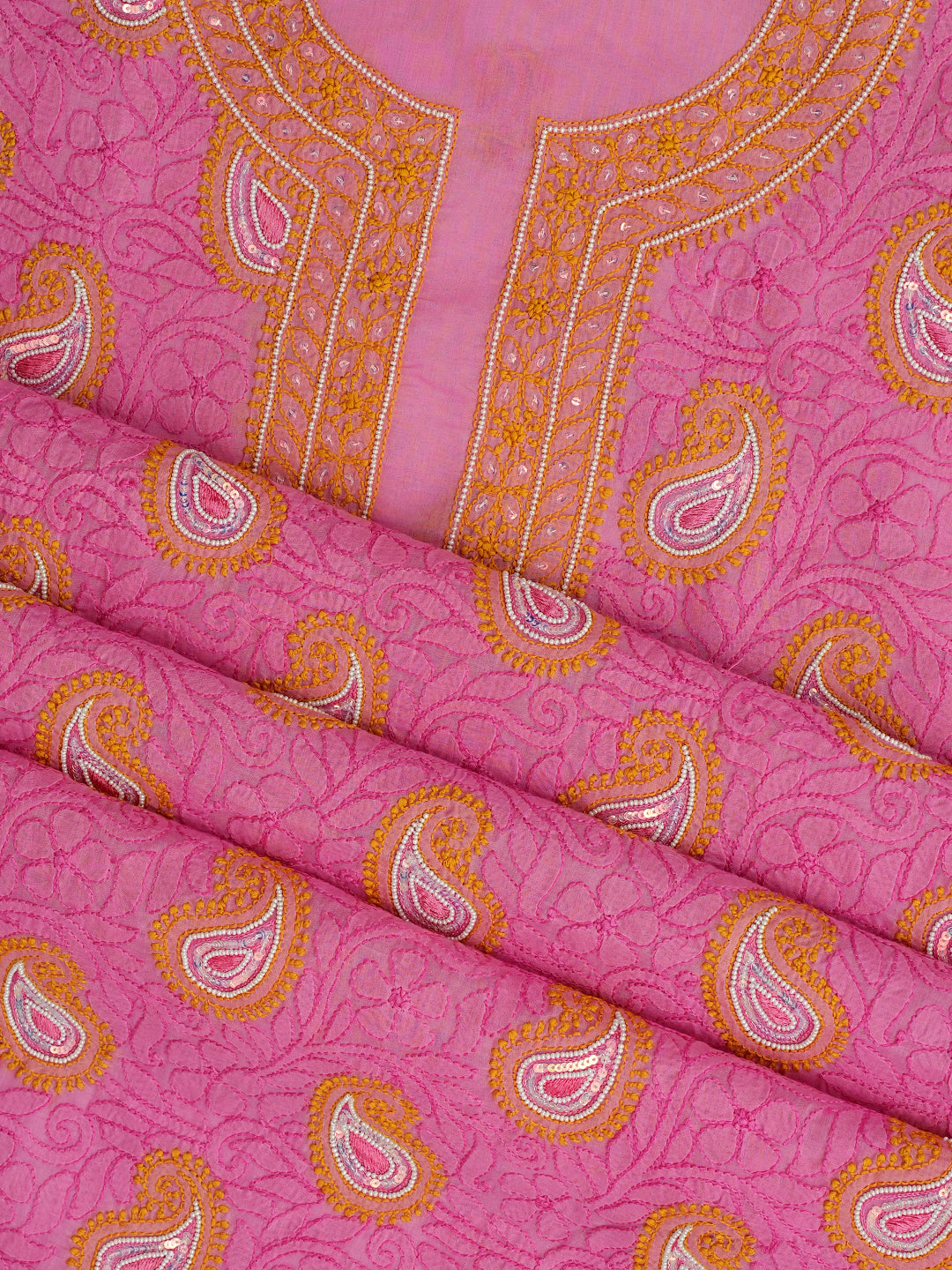 Ada Hand Embroidered Pink Cotton Lucknowi Chikankari Unstitched Suit Set With Pearl Work 01A985590