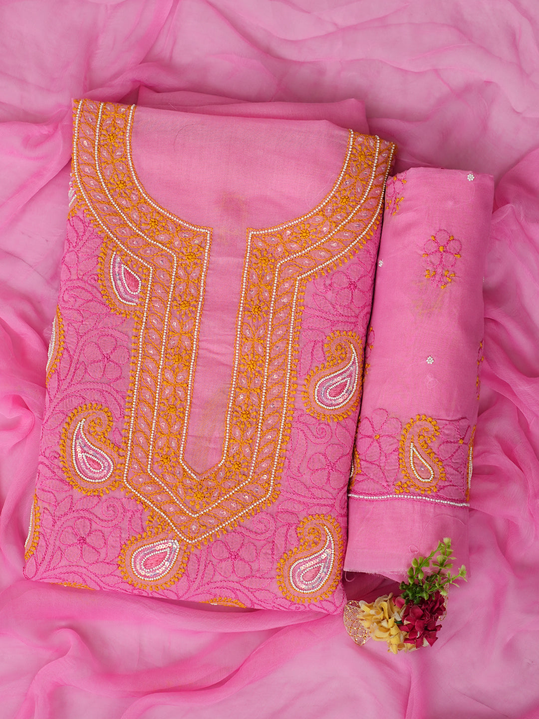 Ada Hand Embroidered Pink Cotton Lucknowi Chikankari Unstitched Suit Set With Chiffon Dupatta 01A985590