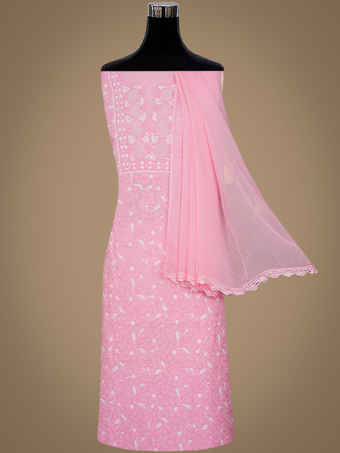 Ada Hand Embroidered Pink Cotton Lucknowi Chikankari Unstitched Suit Set With Chiffon Dupatta 01A986927