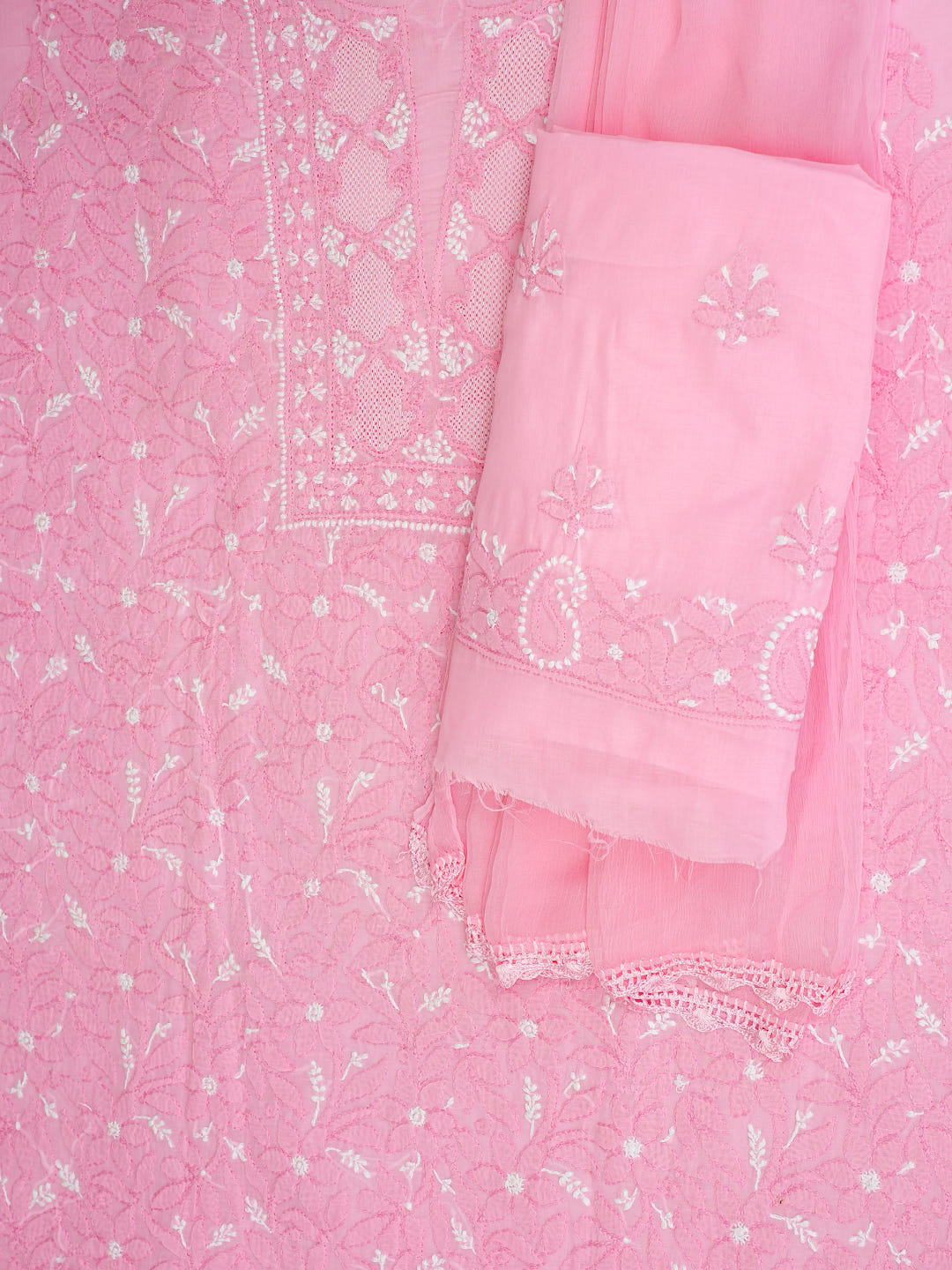 Ada Hand Embroidered Pink Cotton Lucknowi Chikankari Unstitched Suit Set With Chiffon Dupatta 01A986927