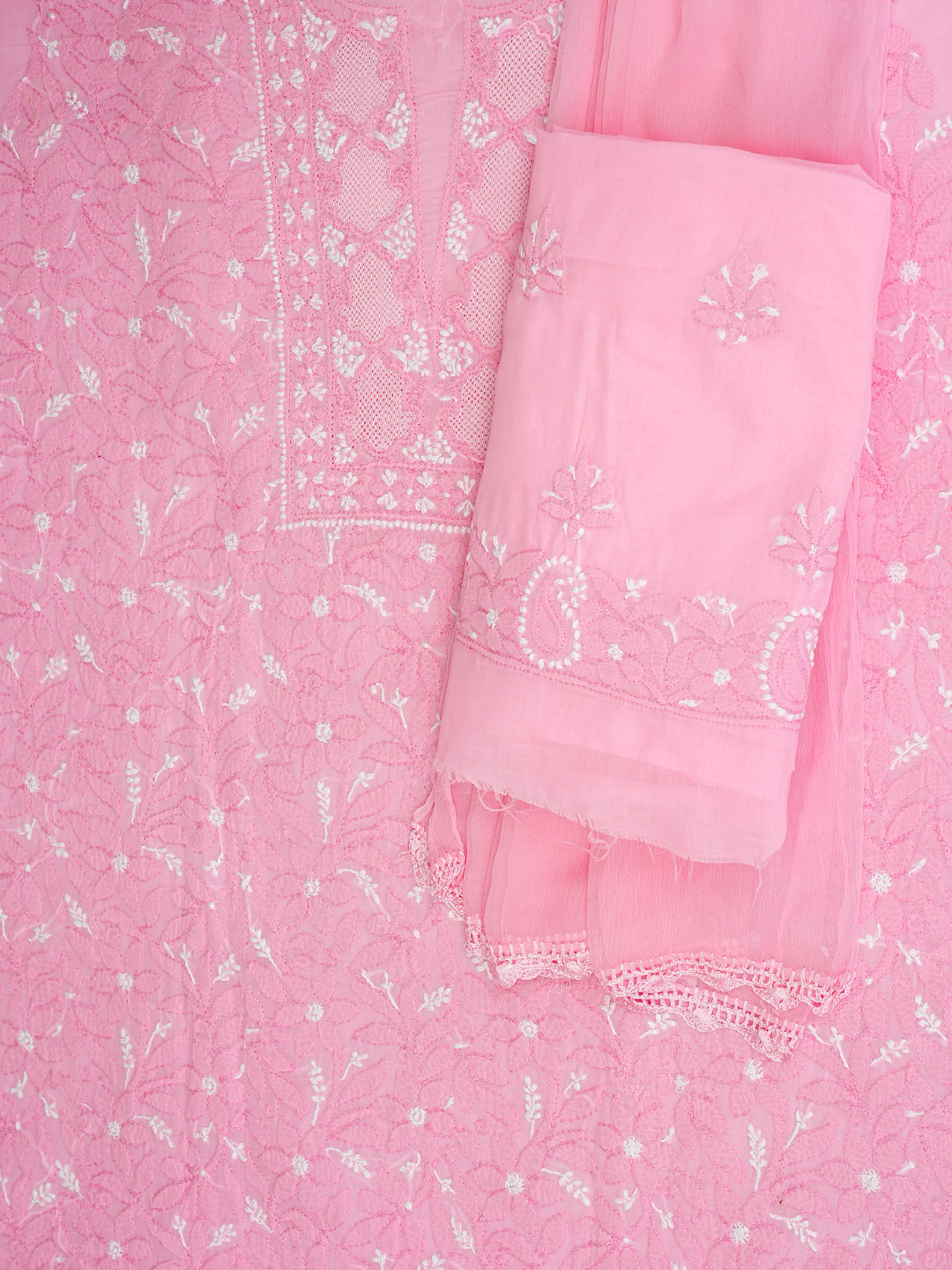 Ada Hand Embroidered Pink Cotton Lucknowi Chikankari Unstitched Suit Set With Chiffon Dupatta 01A986927