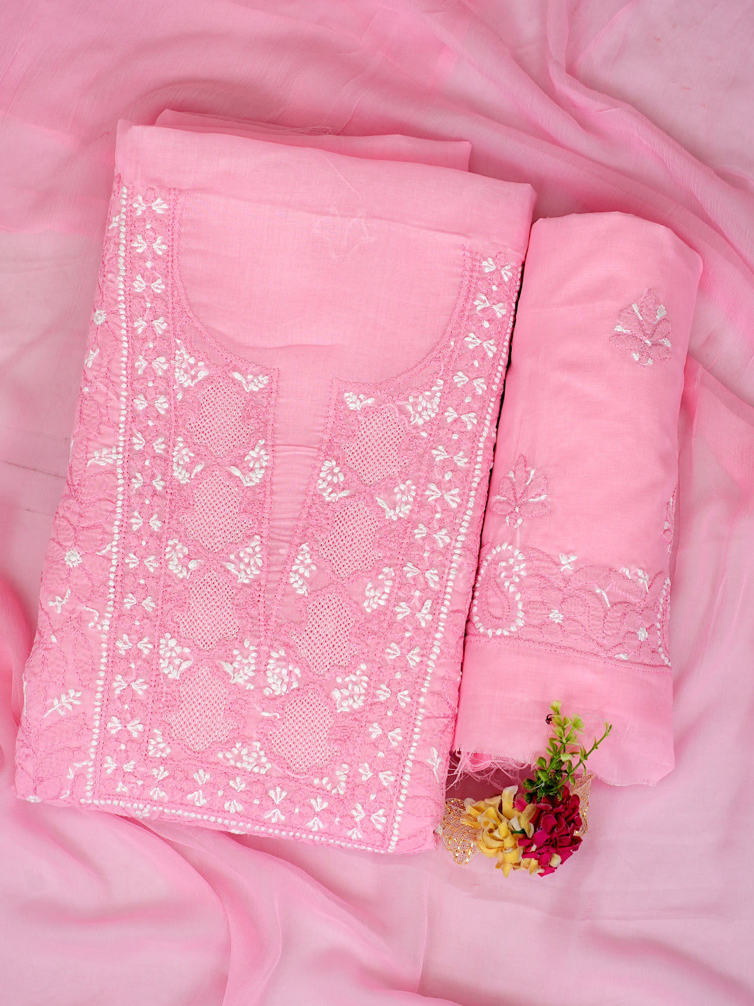 Ada Hand Embroidered Pink Cotton Lucknowi Chikankari Unstitched Suit Set With Chiffon Dupatta 01A986927