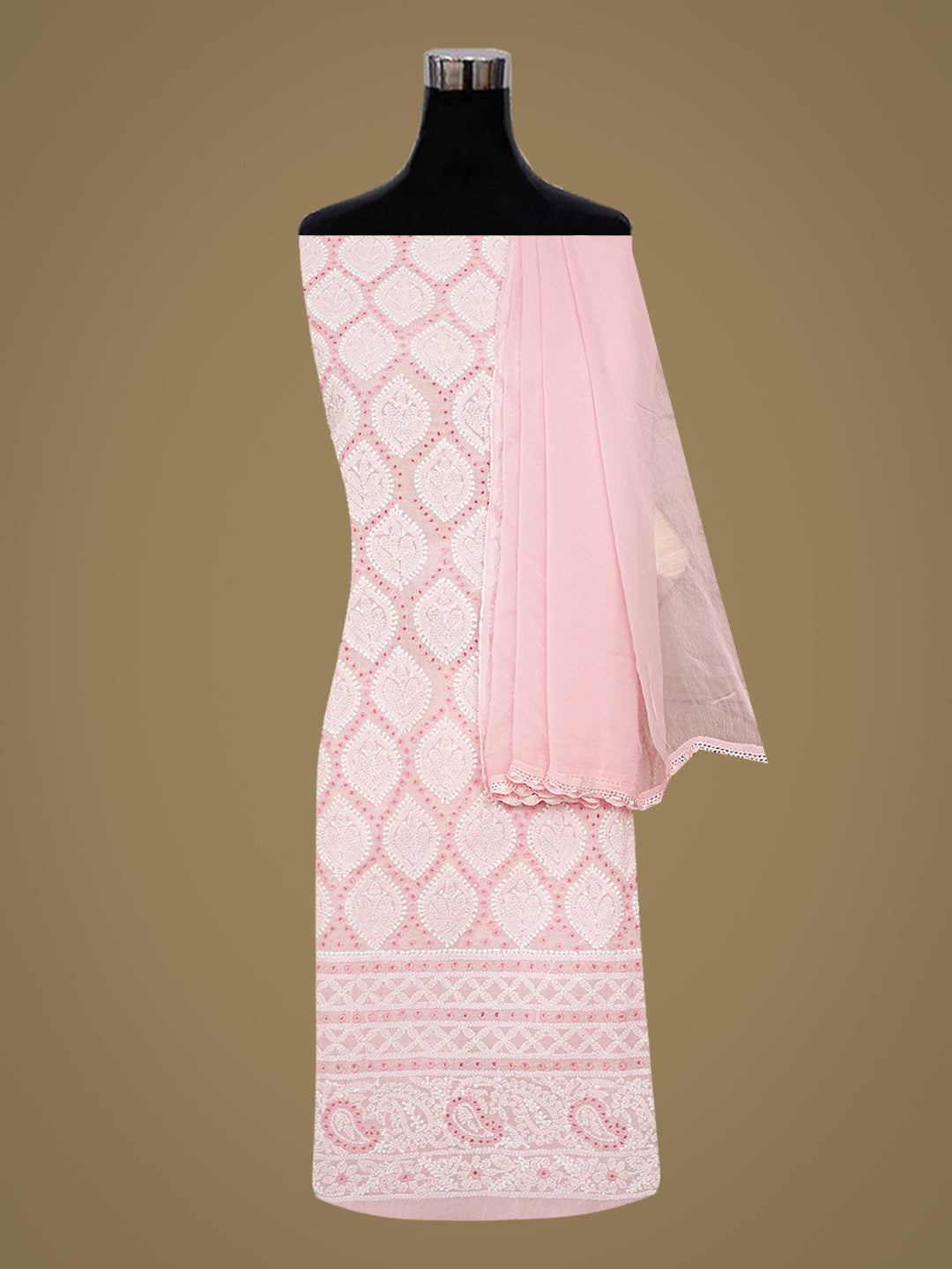 Ada Hand Embroidered Pink Cotton Lucknowi Chikankari Unstitched Suit Set With Chiffon Dupatta 01A989736