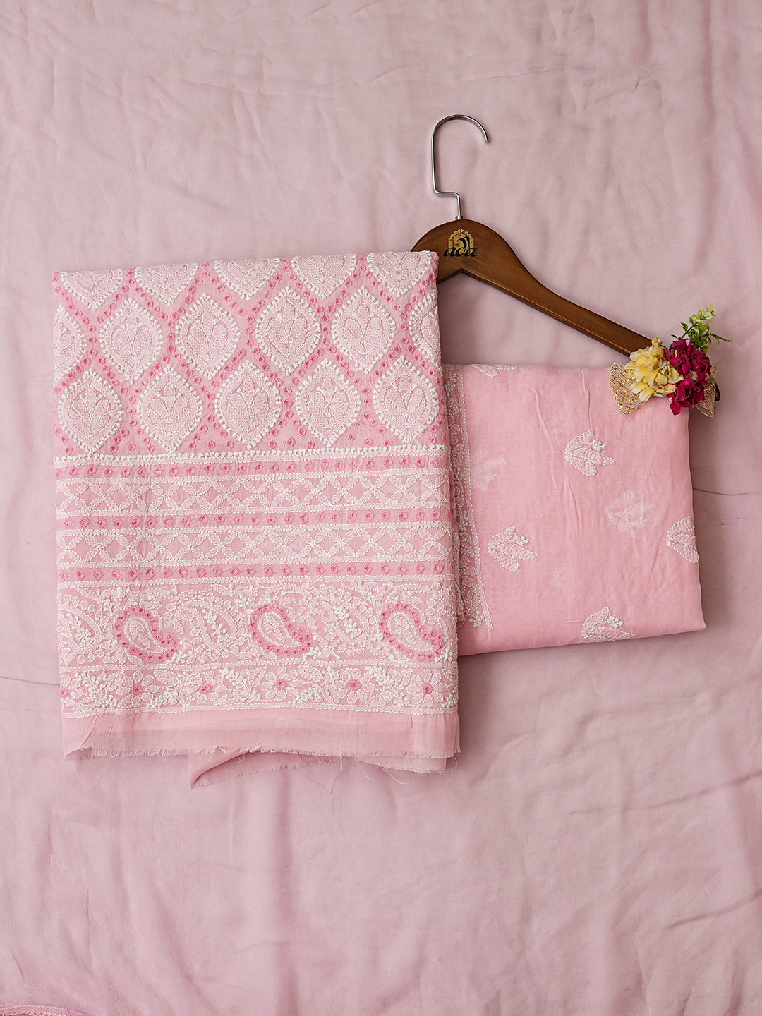Ada Hand Embroidered Pink Cotton Lucknowi Chikankari Unstitched Suit Set With Chiffon Dupatta 01A989736