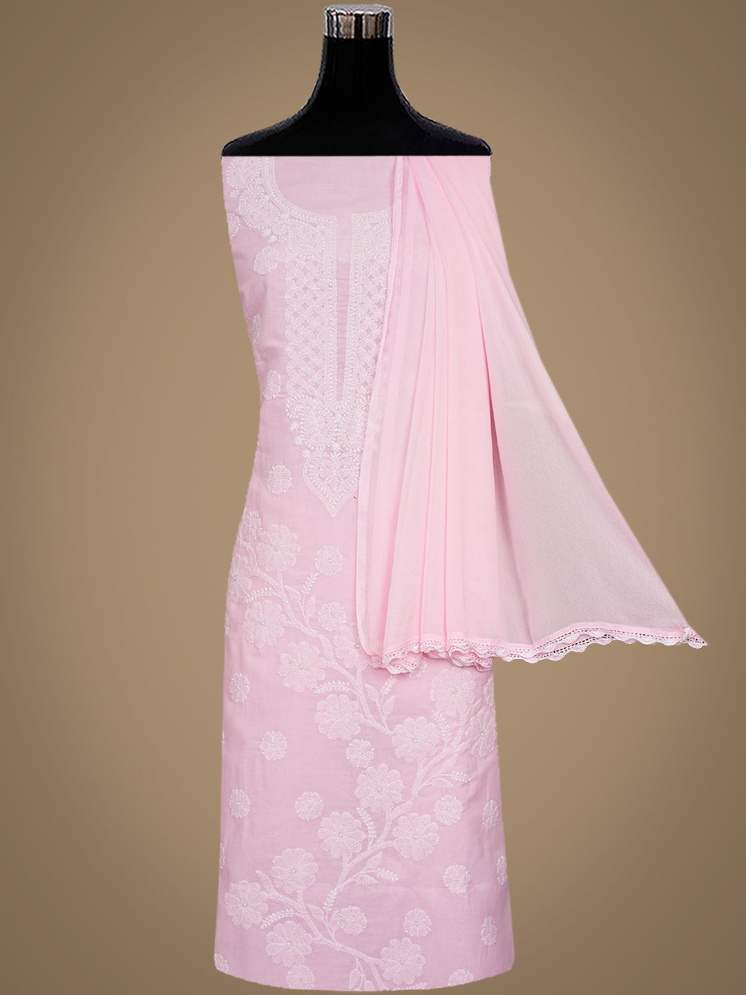 Ada Hand Embroidered Pink Cotton Lucknowi Chikankari Unstitched Suit Set With Chiffon Dupatta 01A992341