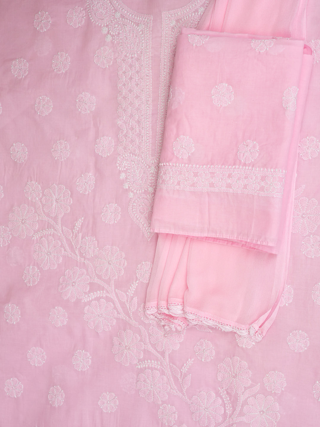 Ada Hand Embroidered Pink Cotton Lucknowi Chikankari Unstitched Suit Set With Chiffon Dupatta 01A992341