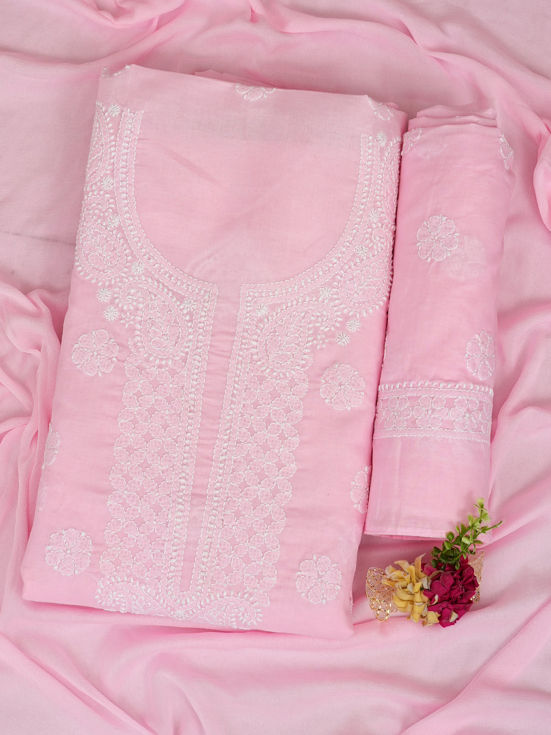 Ada Hand Embroidered Pink Cotton Lucknowi Chikankari Unstitched Suit Set With Chiffon Dupatta 01A992341