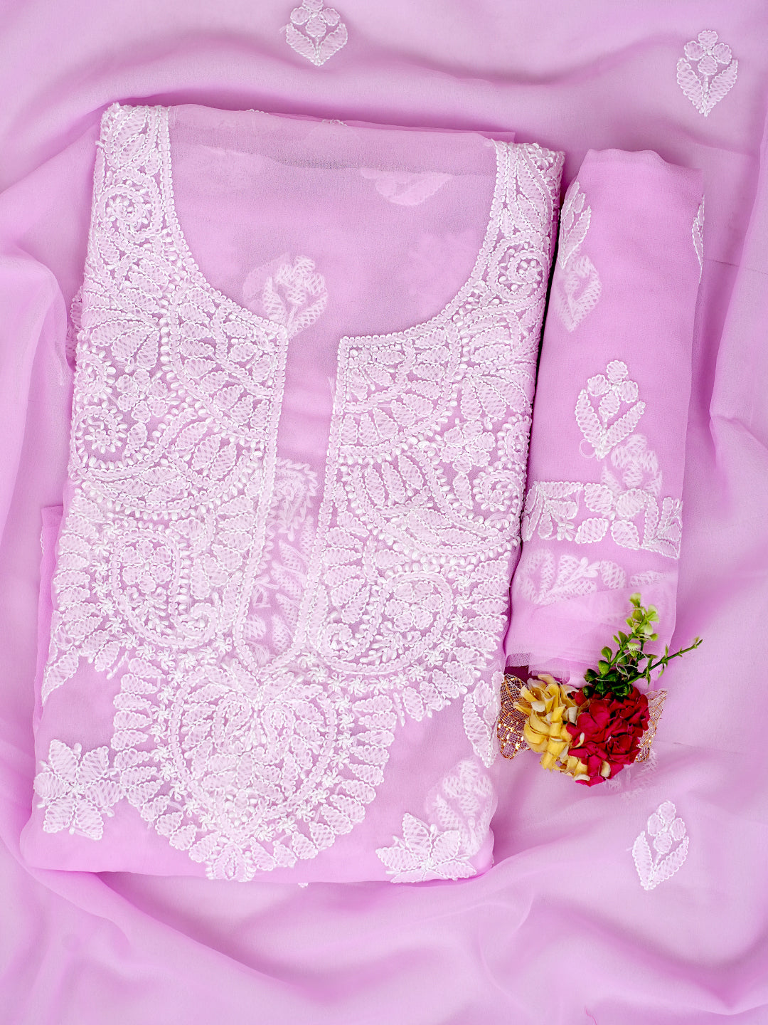 Ada Hand Embroidered Pink Faux Georgette Lucknowi Chikankari Unstitched Suit Piece 01A1002626