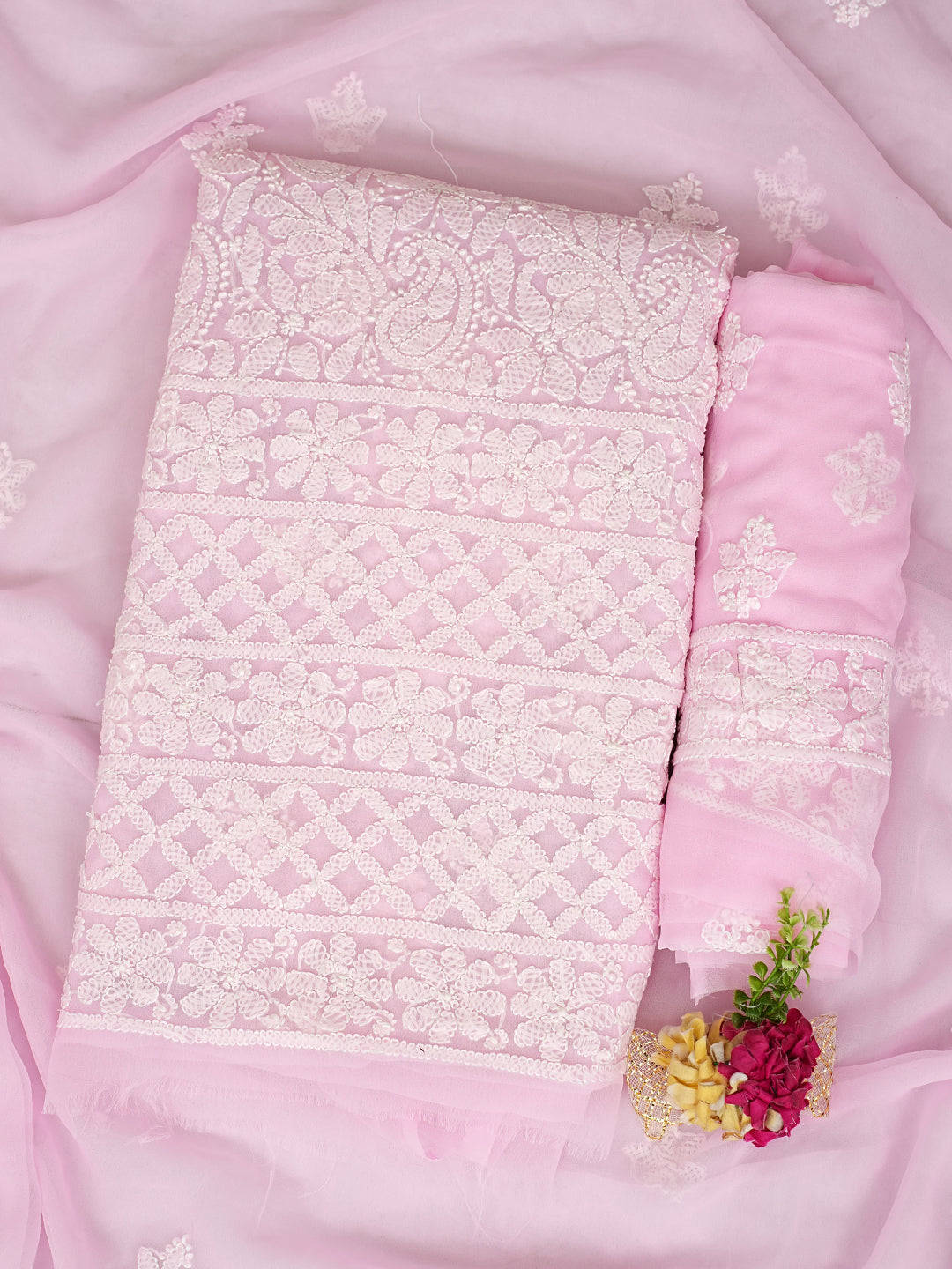 Ada Hand Embroidered Pink Faux Georgette Lucknowi Chikankari Unstitched Suit Piece 01A1002711