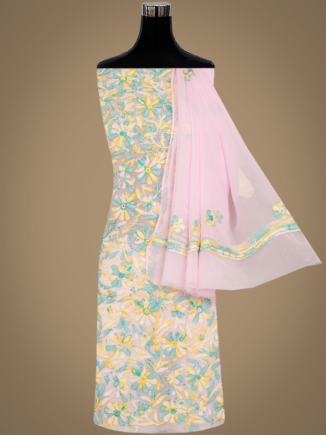 Ada Hand Embroidered Pink Faux Georgette Lucknowi Chikankari Unstitched Suit Piece 01A779894