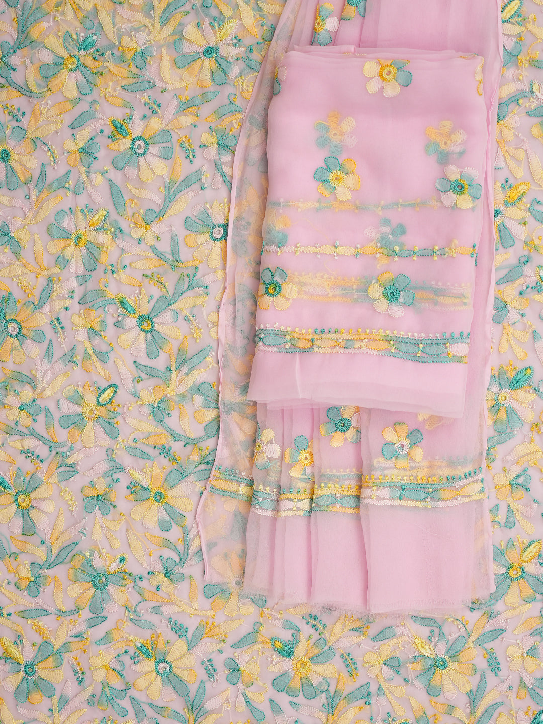 Ada Hand Embroidered Pink Faux Georgette Lucknowi Chikankari Unstitched Suit Piece 01A779894