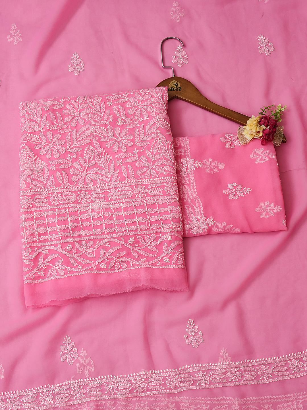 Ada Hand Embroidered Pink Faux Georgette Lucknowi Chikankari Unstitched Suit Piece 01A921616